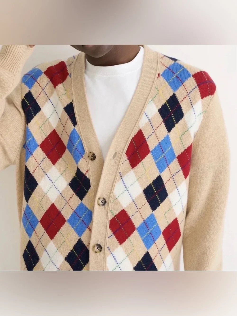 NWT J. CREW Men's Limited-Edition Cashmere Cardigan Sweater Heather Straw Argyle